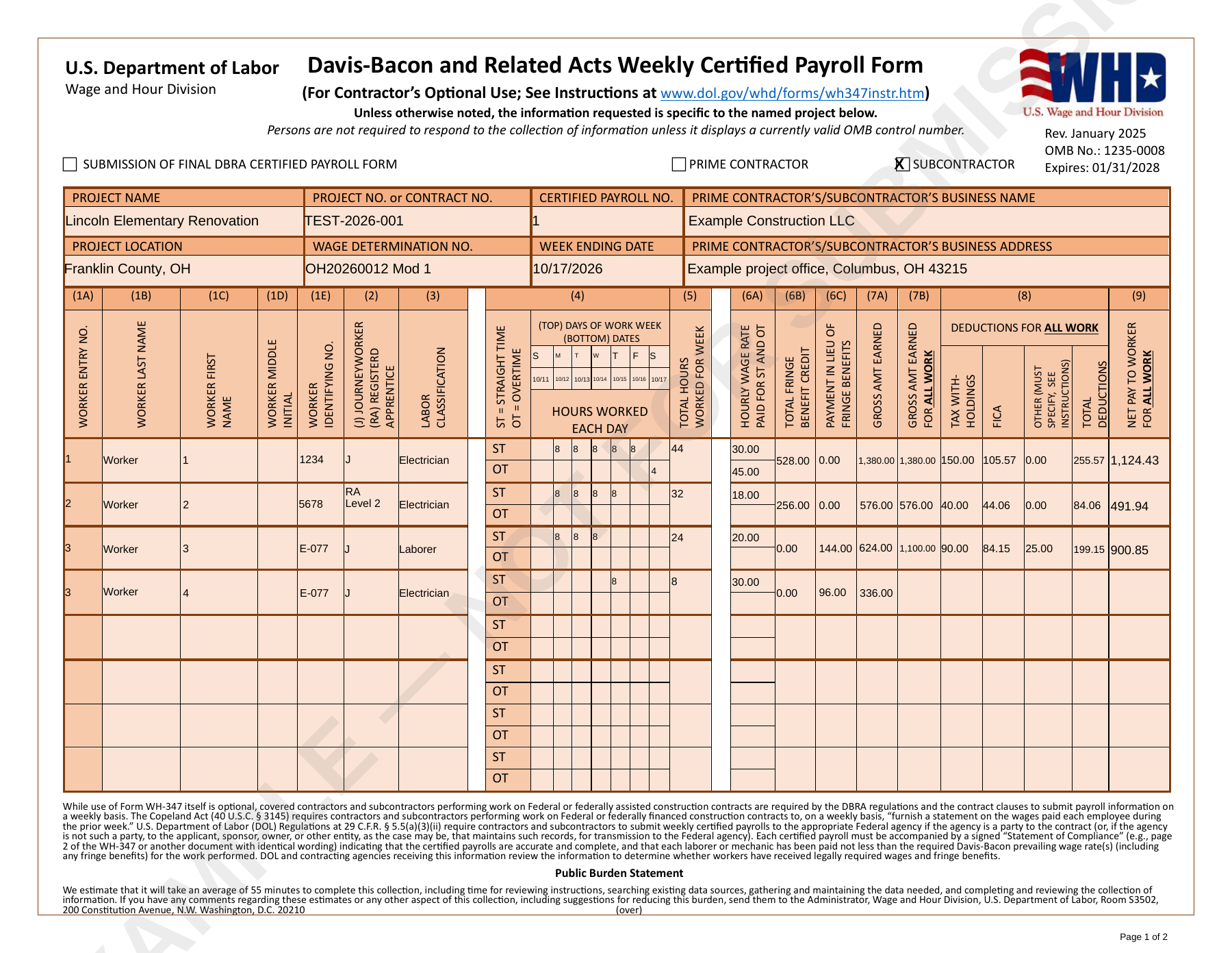 Filled official WH-347 page 1 with example worker hours, rates, gross pay and deductions